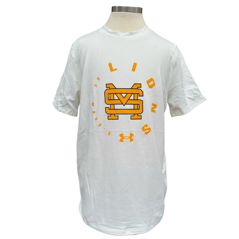 UA Boys' Stretch SS White Tee with Gold SM in Circle